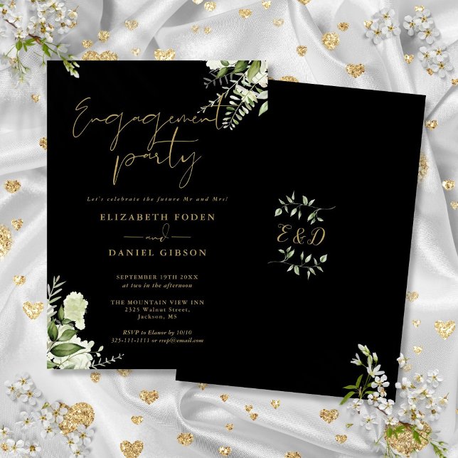 Convite Festa de Engajamento Floral Verde e Dourado (Greenery Floral Black And Gold Engagement Party Invitation)