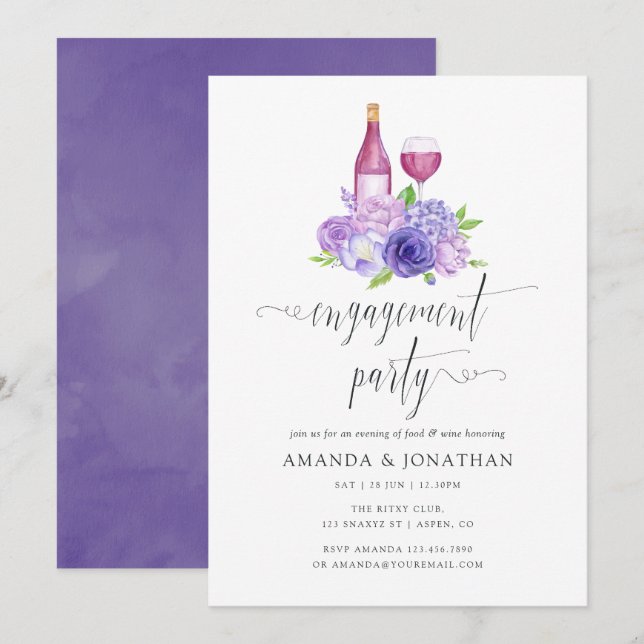 Convite Festa de Engajamento Floral Violeta Ultra Degustaç (Frente/Verso)