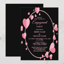 Convite Festa de Engajamento Geométrico Preto Coração Rosa
