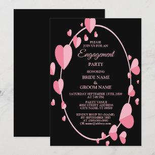 Convite Festa de Engajamento Geométrico Preto Coração Rosa
