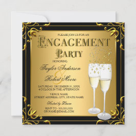 Convite Festa de Engajamento Preto Champagne Falso Dourado