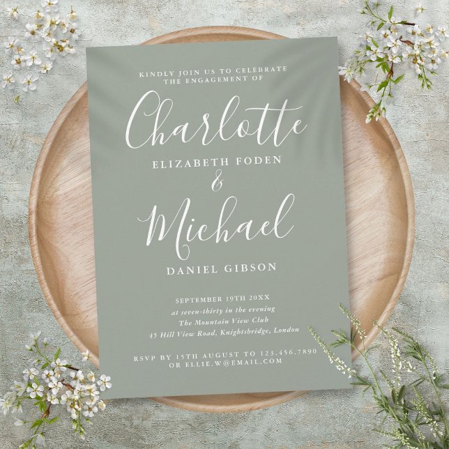 Convite Festa de Engajamento Simples Assinatura Sage  (Simple Signature Script Sage Engagement Party Invitation)