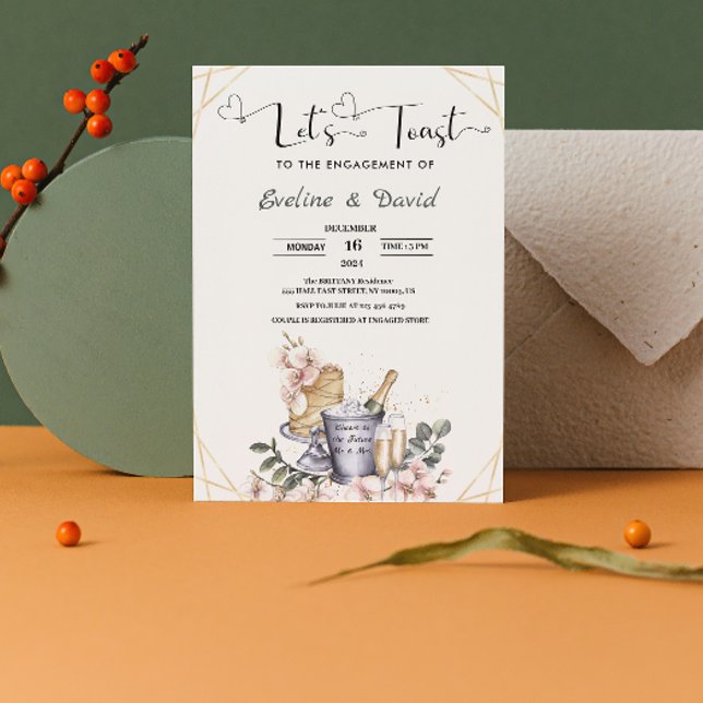 Convite Festa de Engajamento Vamos Brindar Aquarela Floral (Let's Toast Engagement Party Watercolor Floral Invitation  elegant floral gold classic)