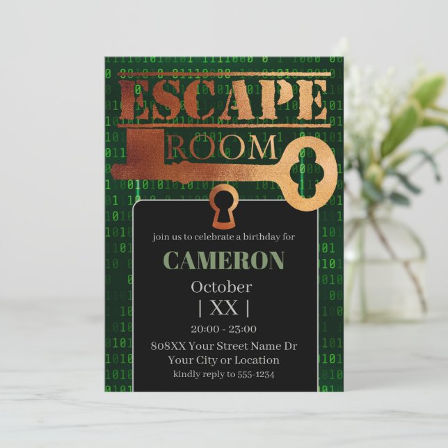 Convite Festa de Escape Room Trava e Chave Código Binário  (Em pé/Frente)
