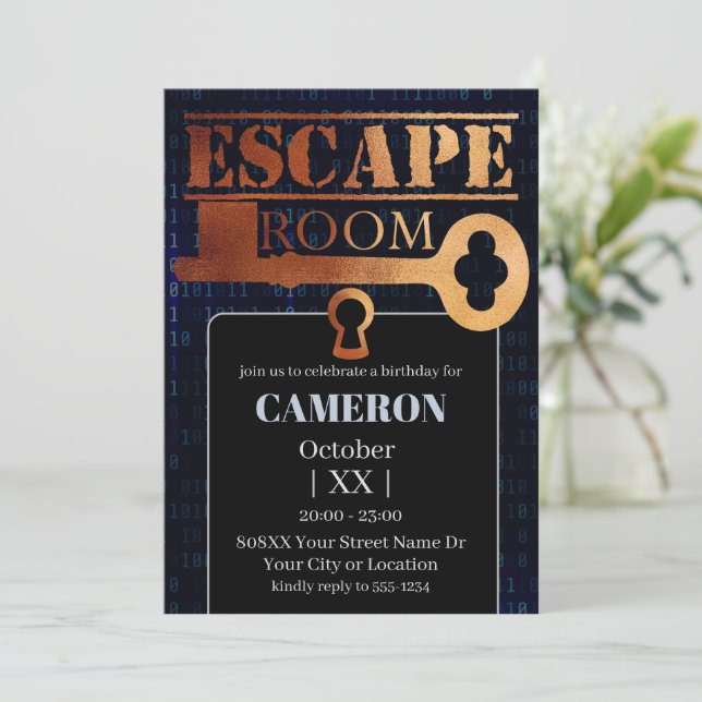 Convite Festa de Escape Room Trava e Chave Código Binário  (Em pé/Frente)