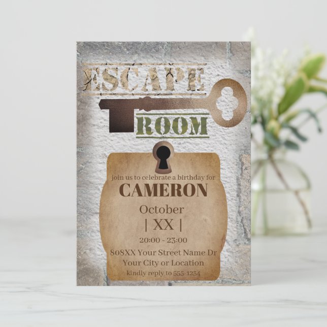 Convite Festa de Escape Room Trava e Chave Concreto e Tijo (Em pé/Frente)