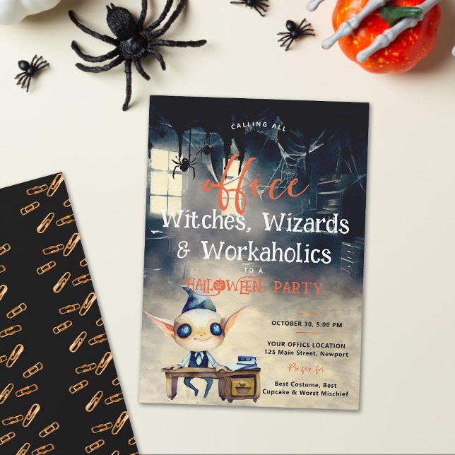 Convite Festa de escritório do Halloween Ghoul Funny Black (Halloween office party ghoul desk spiders business corporate lawyer accountant financial elegant fun)