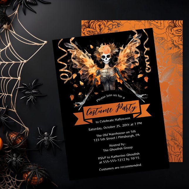 Convite Festa de fantasia de Faerie Halloween (Gothic Skeleton Faerie Halloween Costume Party Invitation)