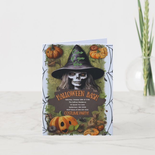 Convite Festa de fantasia de Halloween Bash, bruxa assusta (Frente)
