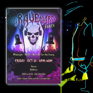 Convite Festa de Fantasia de Halloween Neon Disco Grave Ra
