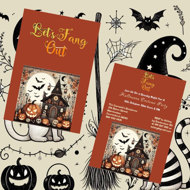 Convite Festa de fantasia do Dia das Bruxas Assustadora (Lets Fang Out Script Scary Halloween Costume Party Invitation)