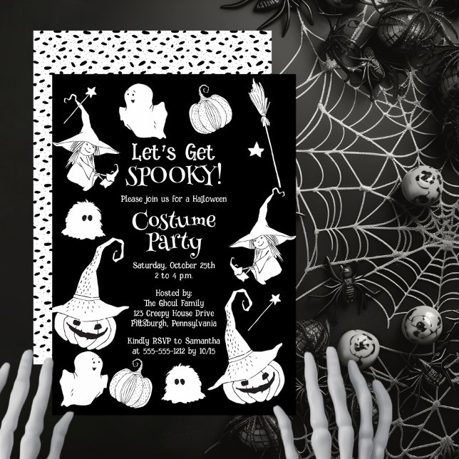 Convite Festa de fantasia do Dia das Bruxas de vamos (Black and white 'Let's Get Spooky!' Halloween Costume Party design.)