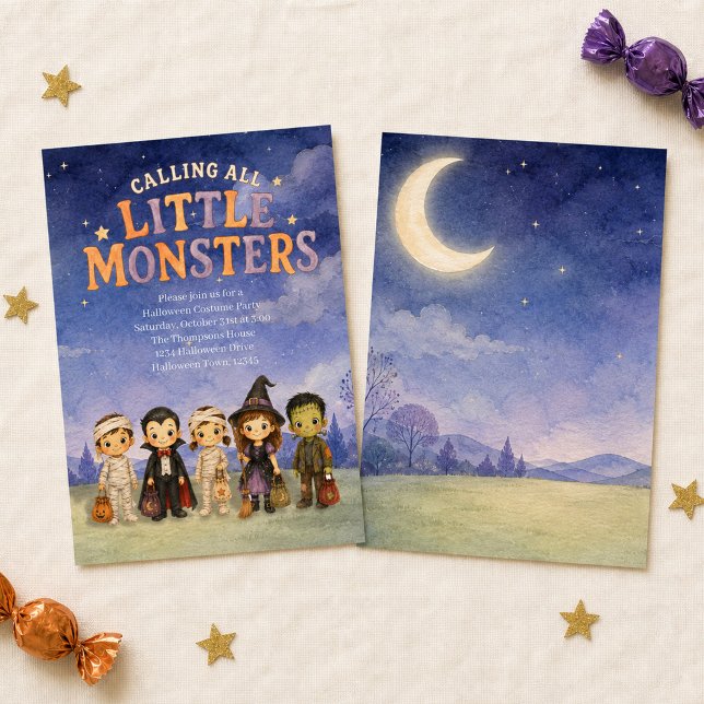 Convite Festa de Fantasia Infantil de Halloween Fofa (Invite little monsters to a whimsical watercolor Halloween costume party!)