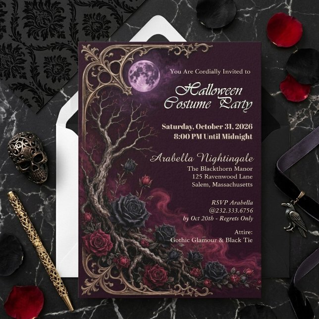 Convite Festa de Fantasia Lua Cheia Rosa Preta Gótica Vint (Vintage Gothic Black Rose Full Moon Costume Party Invitation)