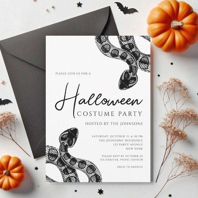 Convite Festa de Fantasias de Cobras Pretas e Brancas de H (Black And White Snakes Costume Party Halloween Invitation)