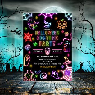 Convite Festa de Fantasias de Halloween com Brilho Neon no