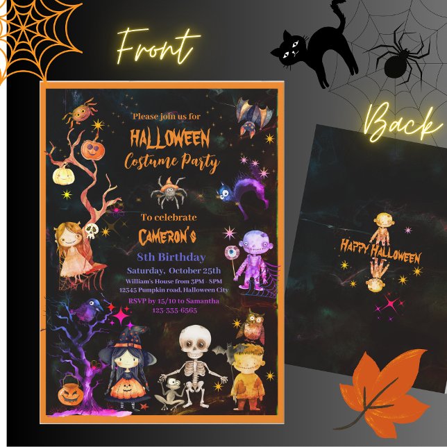 Convite Festa de Fantasias de Halloween Laranja Roxo Crian (Halloween Costume Party Orange Purple Kids Invitation)