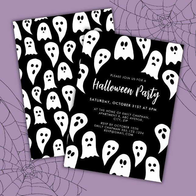 Convite Festa de Fantasmas de Halloween preto e branco (Halloween ghost black halloween party invitation)