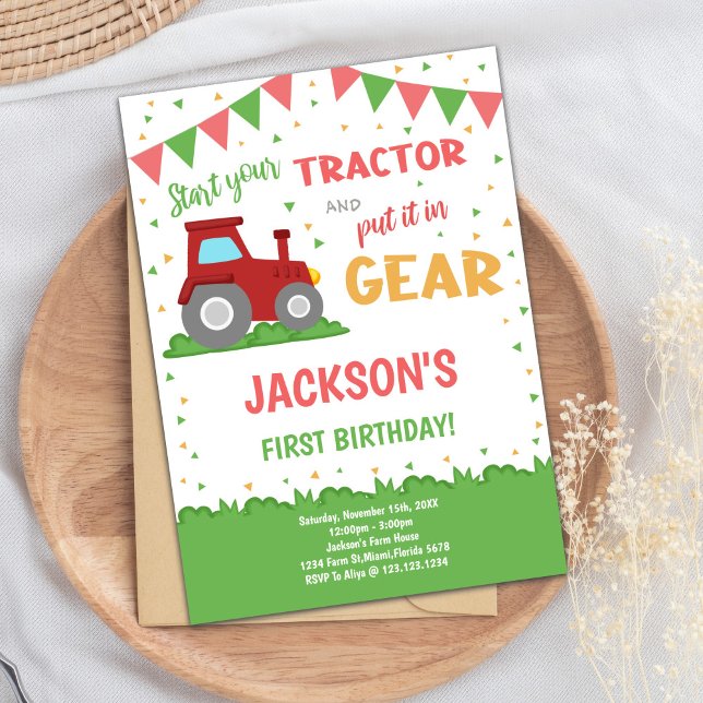 Convite Festa de fazenda para Meninos (Red Flags Tractor Birthday Invitations)