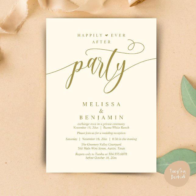 Convite Festa de Felizes para Sempre, Recepção Moderna Min (Happily Ever After Party, Reception Modern Minimal Invitation Card in Yellow Gold)