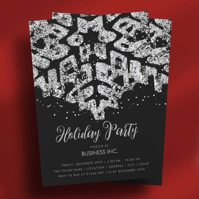 Convite Festa de Fenda de Neve em Silver Glitter Preto (Silver Glitter Snowflake Holiday Party Black Invitation)