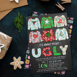 Convite Festa de Feriado de Chalkboard no Sweater de Natal<br><div class="desc">Comemore os feriados em estilo este Natal com estes convites de festas de suéter feios e modestos. O design é fácil de personalizar com sua própria redação e seus convidados ficarão entusiasmados quando receberem esses convites fabulosos.</div>