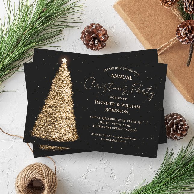 Convite Festa de Feriado de Férias Sparkle da Árvore Negra (Elegant Gold Black Xmas Tree Sparkle Holiday Party Invitation)