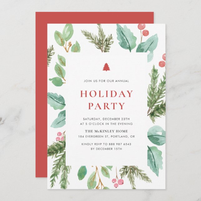 Convite Festa de Feriado de Folhagem de Natal em Watercolo (Frente/Verso)