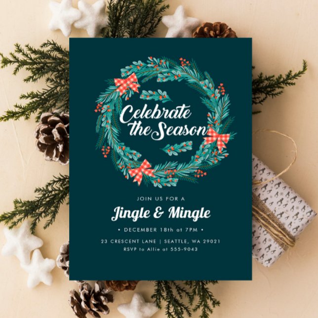 Convite Festa de Feriado de Gingham Red Wreath de Natal (Criador carregado)