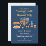 Convite Festa de Feriado de Hanukkah do Rosquinha e dos Dr<br><div class="desc">Celebre Chanukah com rosquinhas e sonhos! Este convite destaca elementos de uma festa divertida de Chanucá,  incluindo menorah,  gelt,  dreidels,  challah e rosquinhas (suganiyot) contra um rico fundo azul. A parte traseira correspondente apresenta um padrão de Star of David contra o azul. Disponível com produtos correspondentes.</div>