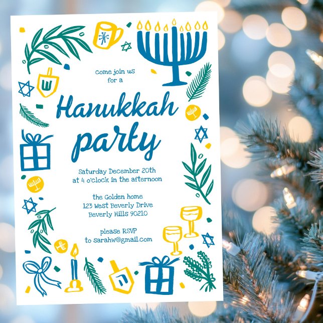 Convite Festa de Feriado de Hanukkah, em Whimsso, Personal (Whimsical Hanukkah Holiday Party Cute Custom Invitation
)