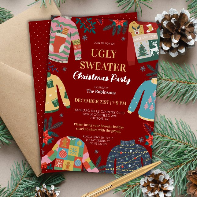 Convite Festa de Feriado de Natal Vermelhos Muito Feia (red really ugly christmas sweater party invitation for funny holiday party with humor and retro)