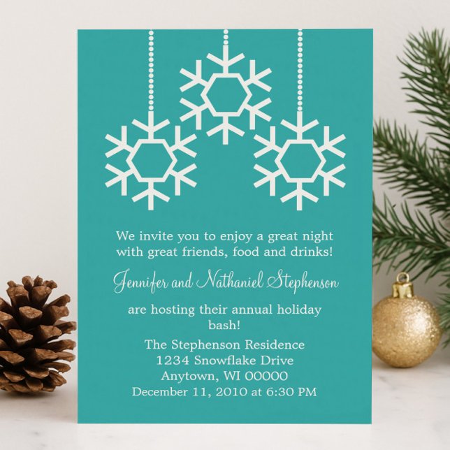 Convite Festa de Feriado de Neve em Queda, Turquesa (Turquoise Falling Snowflakes Holiday Party Invitation)