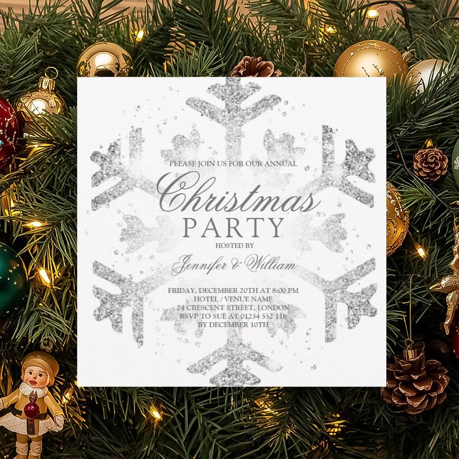 Convite Festa de Feriado de Snowflake do Silver Glitter Xm (Silver Glitter Snowflake Xmas Holiday Party Invitation)