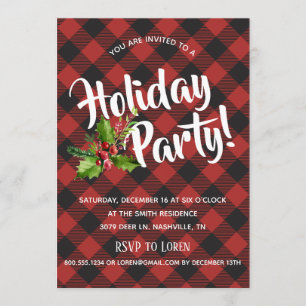 Convite Festa de Feriado de Xadrezes de Buffalo Vermelha e