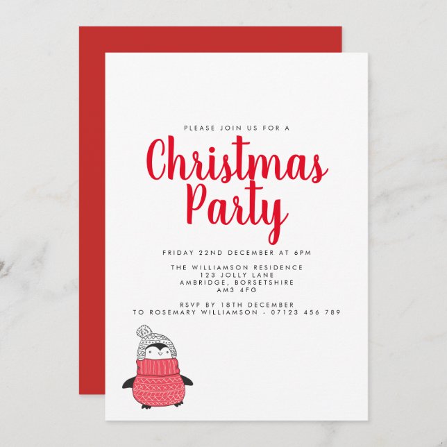 Convite Festa de Feriado Pinguim Repleto (Frente/Verso)