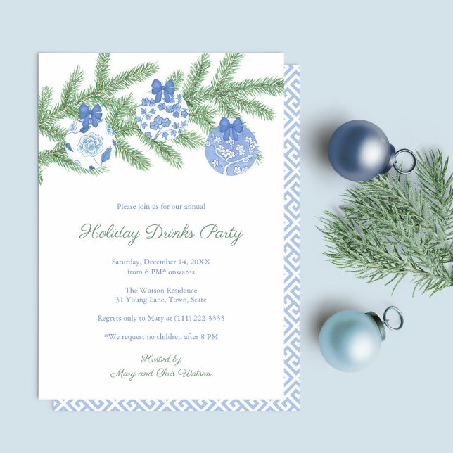 Convite Festa De Feriados De Ornações Azuis E Brancas Eleg (Simple elegant blue and white chinoiserie Holiday Drinks Party invitation)