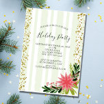 Convite Festa de Feriados de Poinsettia, Dourada Verde Ver<br><div class="desc">Greve Verde e Branca com faíscas de ouro e um convite para festa de Natal de poinsettia. Todos os campos podem ser personalizados.</div>