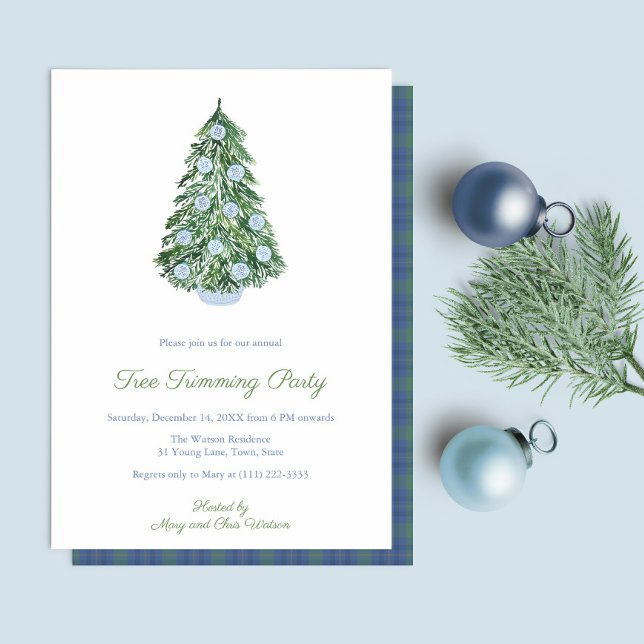 Convite Festa de Feriados de Trimagem de Árvore de Jar Gin (Chinoiserie Chic Blue And White Tree Trimming Christmas Holidays Party Invitation)