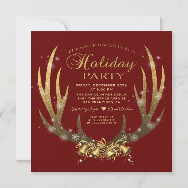 Convite Festa de Feriados do Luxury Red Gold Foil Antlers (Frente)