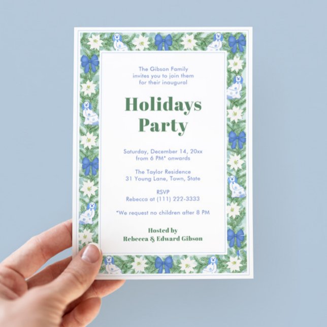Convite Festa de Férias Azuis E Brancas na Borda Verde (Chinoiserie Chic Chintz Holiday Party Invite With Watercolor Border Featuring Pottery Dogs, greenery)