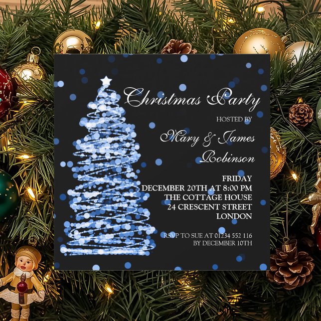 Convite Festa de Férias da Árvore de Natal Elegante Azul (Elegant Christmas Bokeh Tree Holiday Party Blue Invitation)