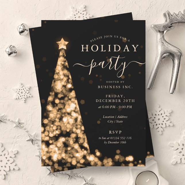 Convite Festa de Férias da Companhia Dourada de Árvore de  (Gold Black Christmas Tree Company Holiday Party Invitation)