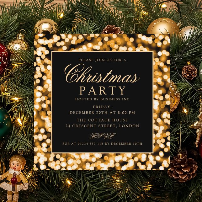 Convite Festa de Férias das Luzes das Cordas de Natal Dour (Elegant Gold Christmas String Lights Holiday Party Invitation)