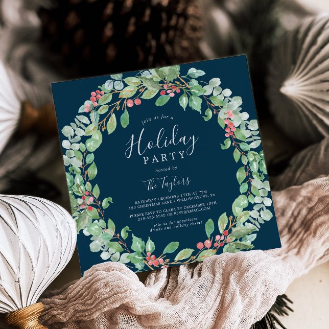 Convite Festa de Férias de Marinho de Wreath de Natal (Christmas Greenery Wreath Navy Holiday Party Invitation)