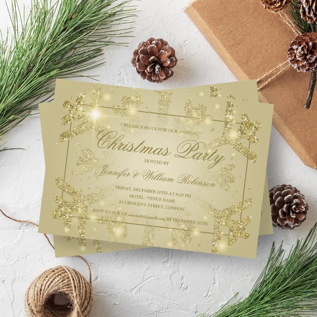 Convite Festa de Férias de Natal com Floco de Neve Dourado (Gold Glam Glitter Snowflake Xmas Holiday Party Invitation)