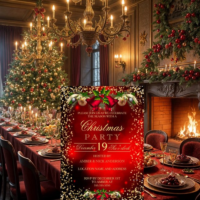 Convite Festa de Férias de Natal da Holly Dourada Vermelha (Criador carregado)