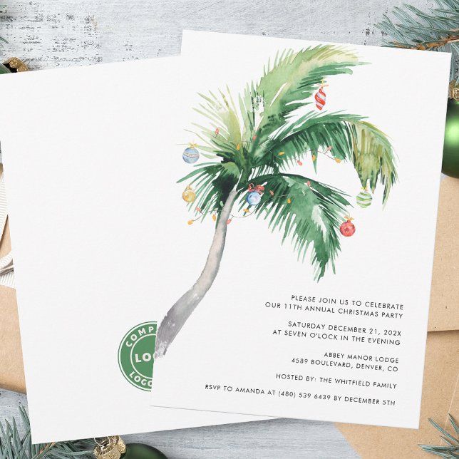 Convite Festa de Férias de Natal de Negócios (Business Logo Christmas Office Party Invitation with Decorated Palm Tree)