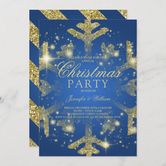 Convite Festa de Férias de Natal Dourada e Azul com Floco  (Frente/Verso)