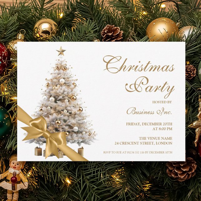 Convite Festa de Férias de Natal e Arcos Dourados corporat (Corporate Gold Christmas Tree & Bow Holiday Party Invitation)